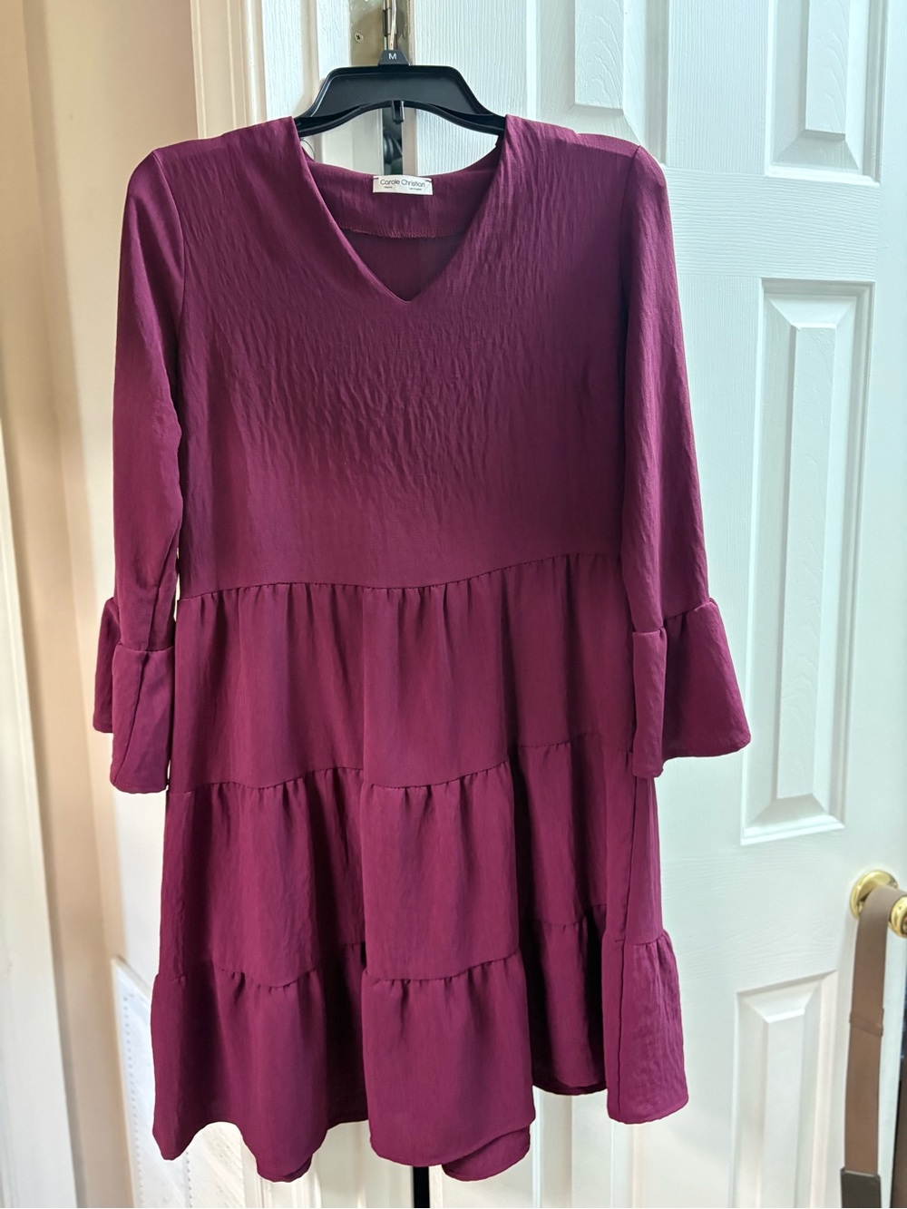 Tiered V-Neck Midi Dress in Wine